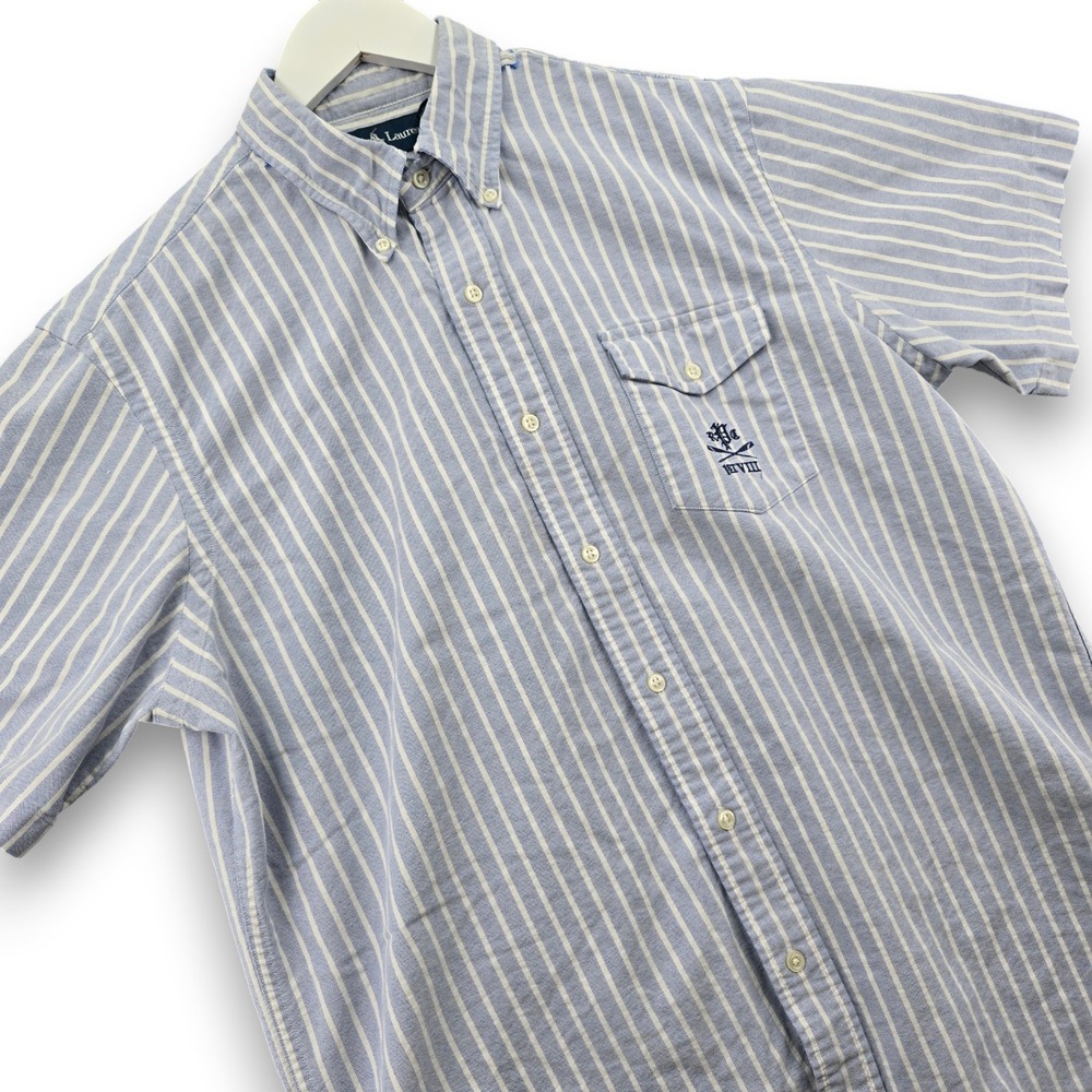 Ralph Lauren Button Down Shirt Mens Large Blue Striped S/S 1st 8 Rowing Crest
